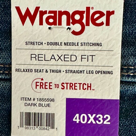 Wrangler Men's Jeans Size 40 X 32 Dark Blue Free To Stretch Relax Fit Casual NEW - Picture 10 of 16